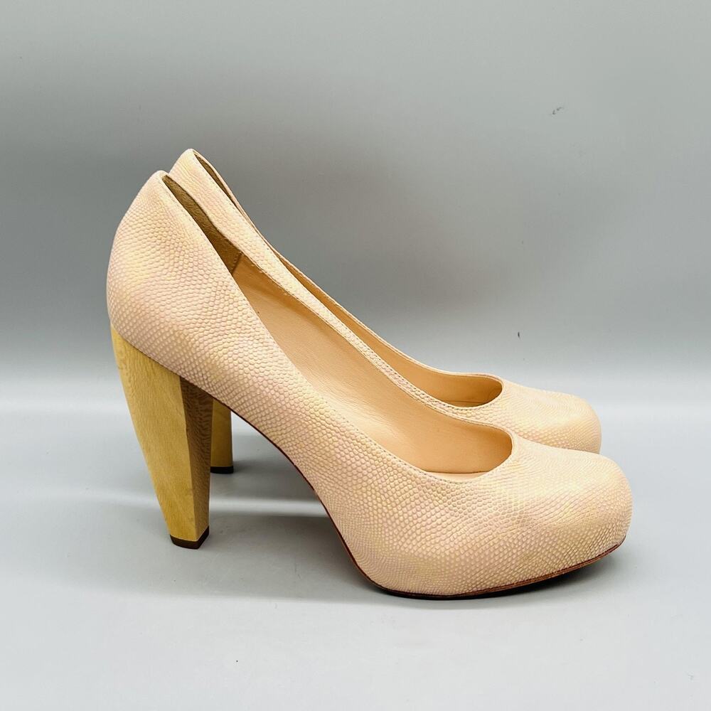 Loeffler Randall Shoes Women 9 Beige Leather Wood Block Heel Pumps Platform